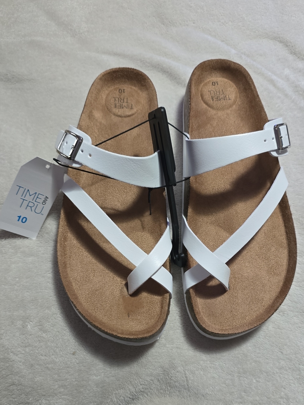 Time and Tru White Crisscross Buckle Sandals with Contoured Footbed
